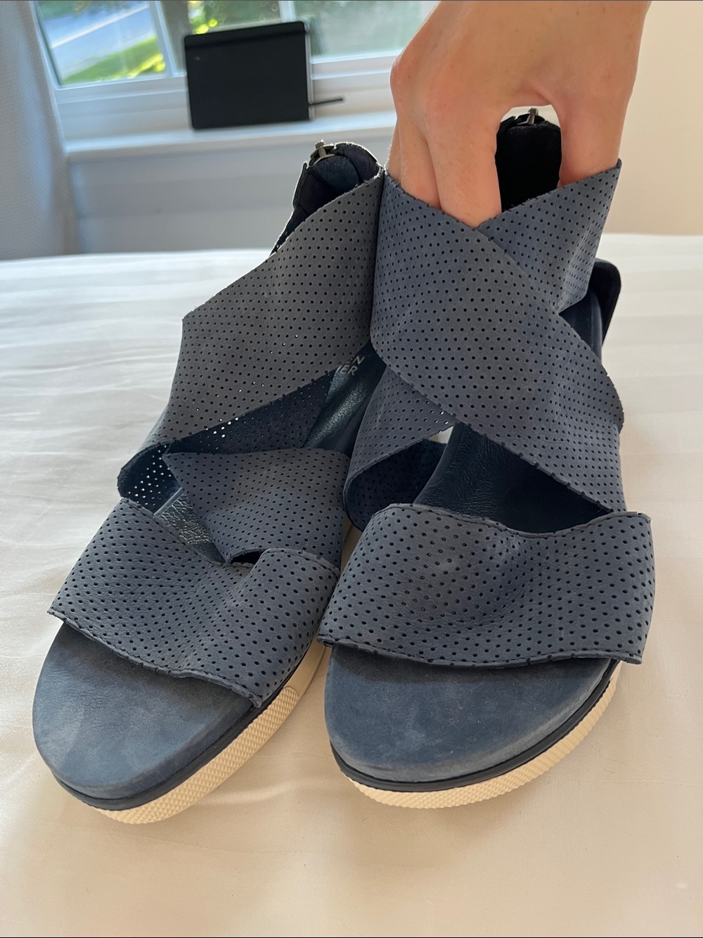 Eileen Fisher Perforated Crisscross Navy Sandals
